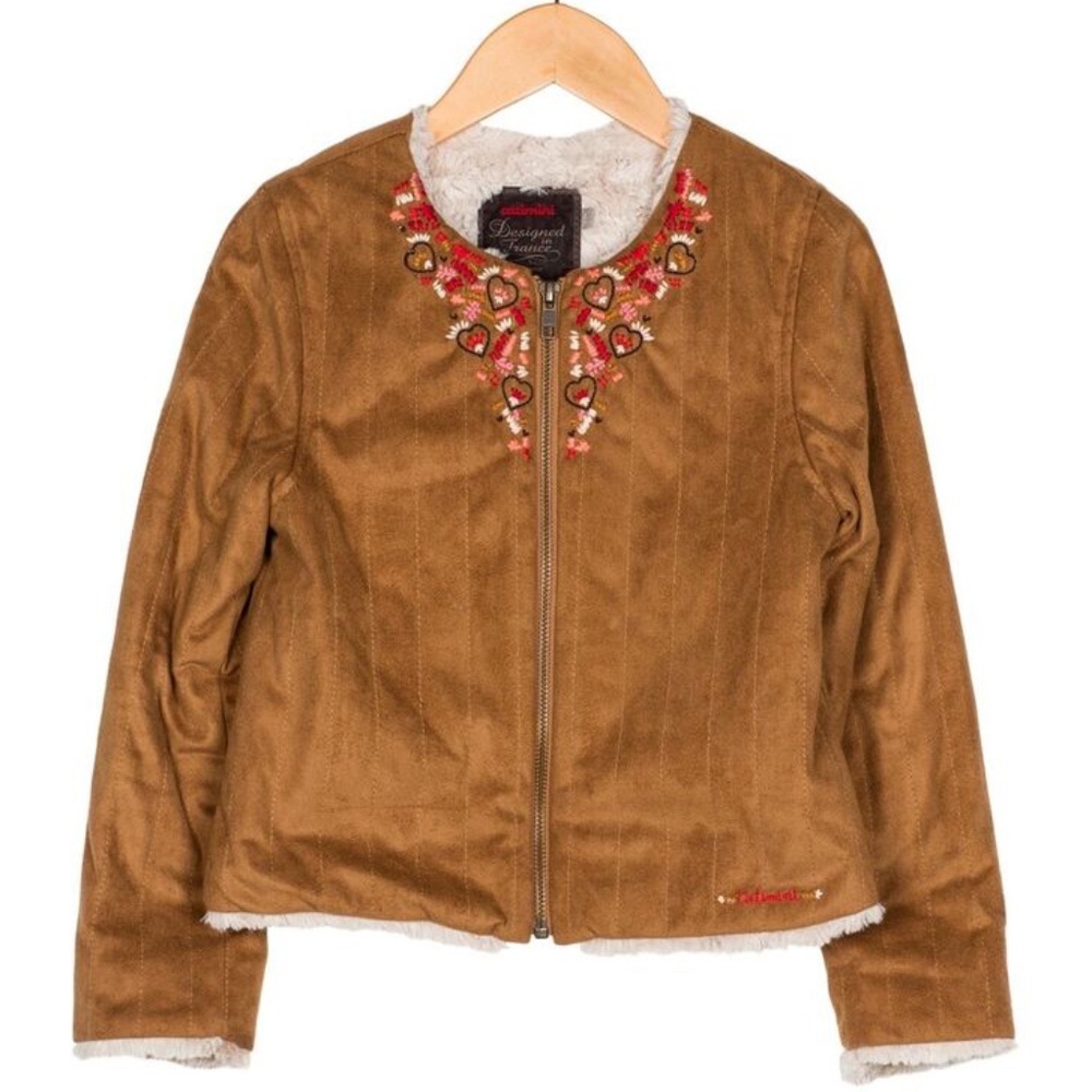 Boho Chic Catimini Girls Embroidered Vegan Suede Jacket Coat Sz 6 Years NWOT